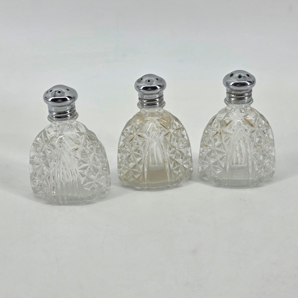 Vintage Cut Glass Salt and Pepper Shakers Chrome Tops Small